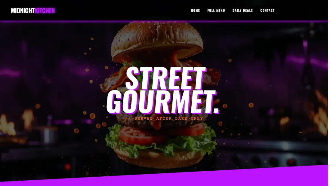 Midnight Kitchen template showing a street food menu layout