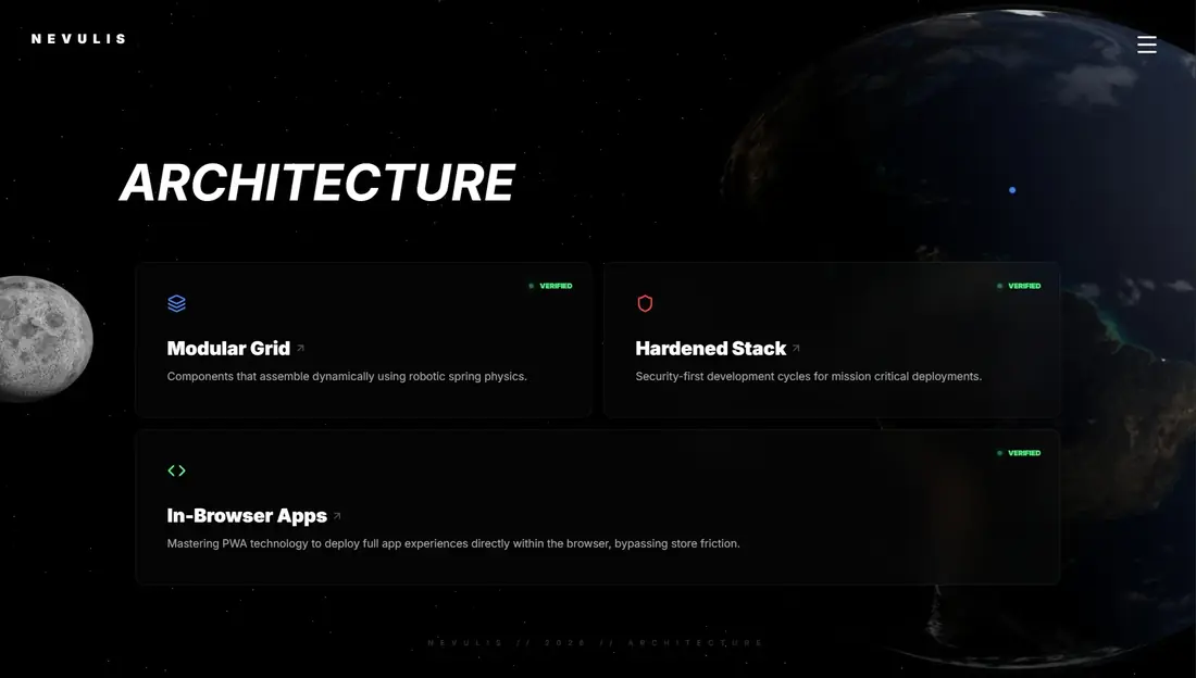 Nevulis template showing a dark modular architecture layout