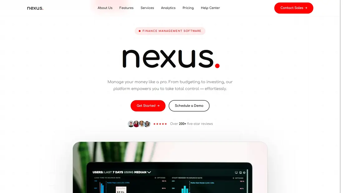 Nexus template showing a finance dashboard landing page