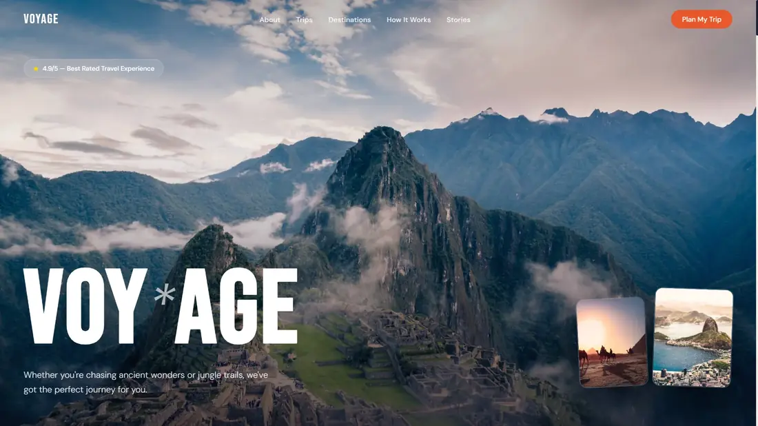 Voyage template showing a travel booking layout with mountain photography