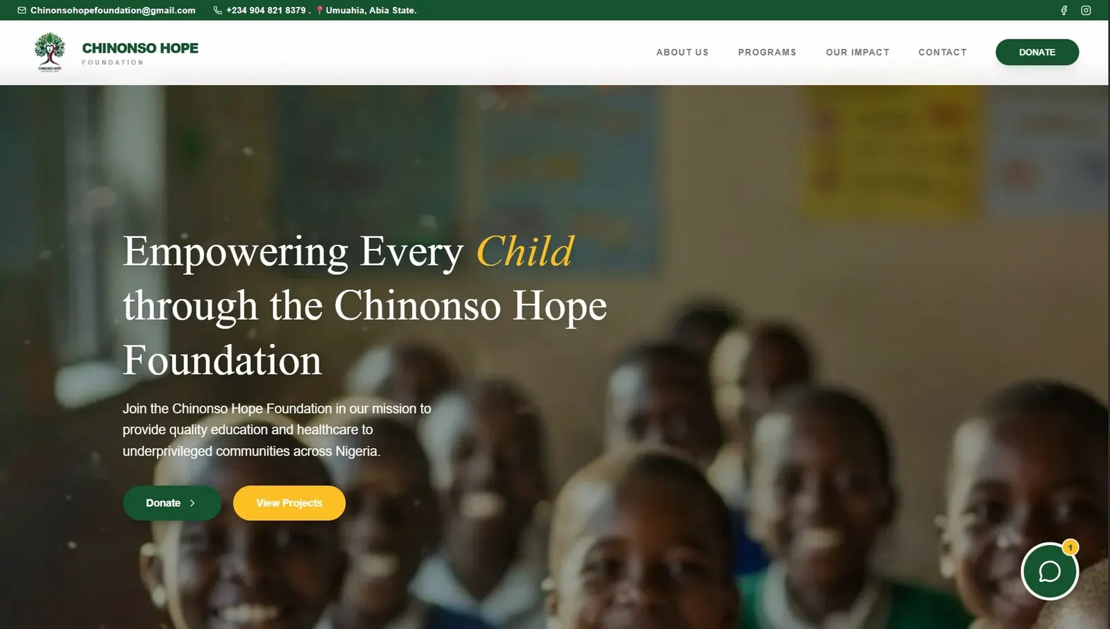 Chinonso Hope Foundation homepage with its Empowering Every Child hero and donate call to action