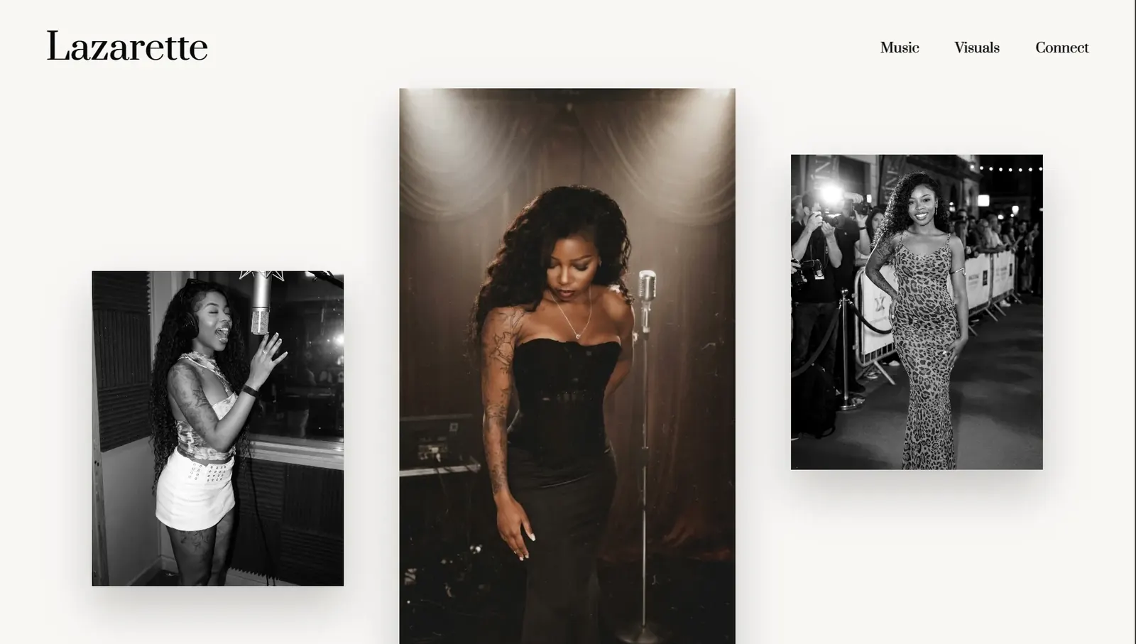 Lazarette website homepage showing the music artist's photography-led layout