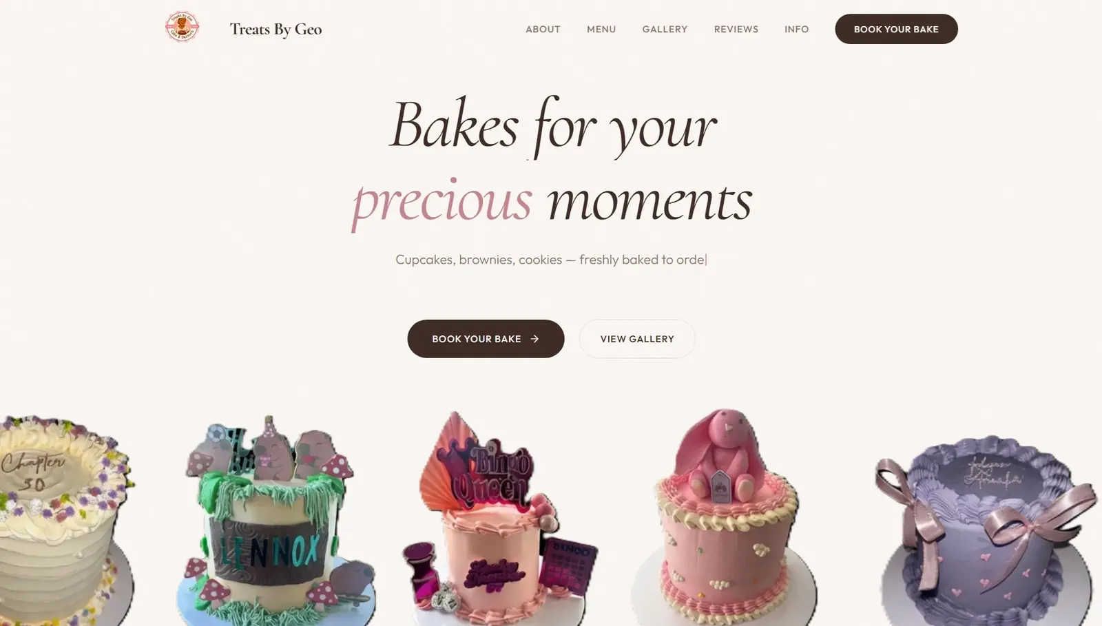 Treats by Geo homepage showing the cake gallery and booking call to action